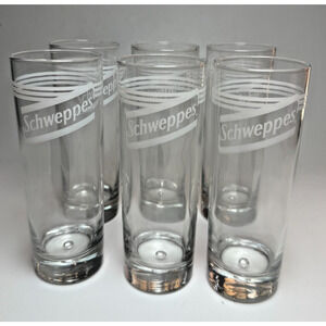 6 Schweppes Highball Long Drink Glasses White on Clear Controlled Bubble Base